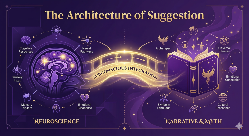 Infographic showing the bridge between neuroscience and narrative storytelling in subconscious reprogramming - Ultimate Hypnosis Guide.