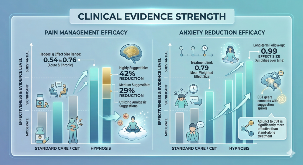 Science of hypnosis bar chart: bar chart showing the relative clinical evidence strength of hypnotherapy versus standard care and CBT for managing chronic pain and anxiety.