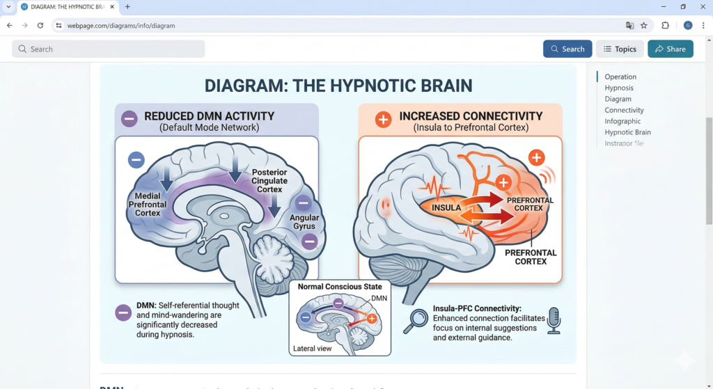 Science of hypnosis, how it works: neurological diagram illustrating the shift from the Default Mode Network to the Executive Control Network in the human brain during hypnotic states.