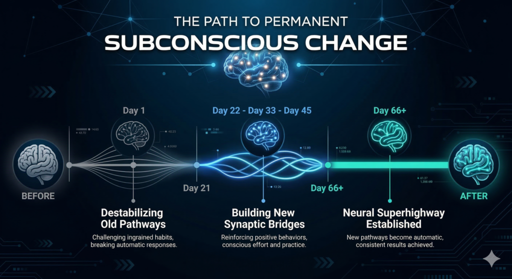 Visual guide illustrating the neurological progression towards permanent subconscious change, from initial destabilization to consolidated neural pathways, culminating at Day 66.