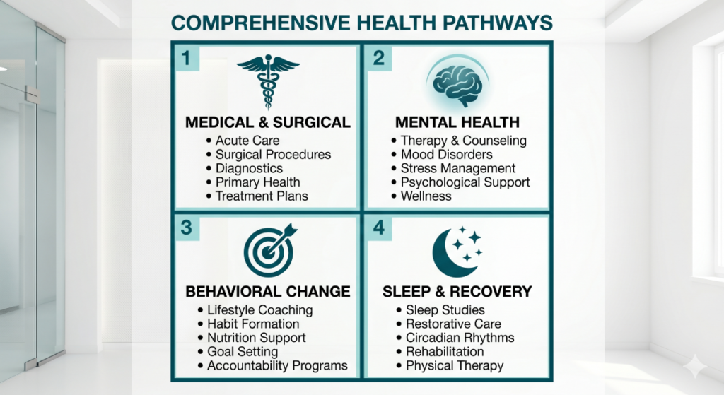 Infographic grid of clinical hypnosis applications by A Better Me, categorizing protocols into Medical, Mental Health, Behavioral Change, and Sleep Science.