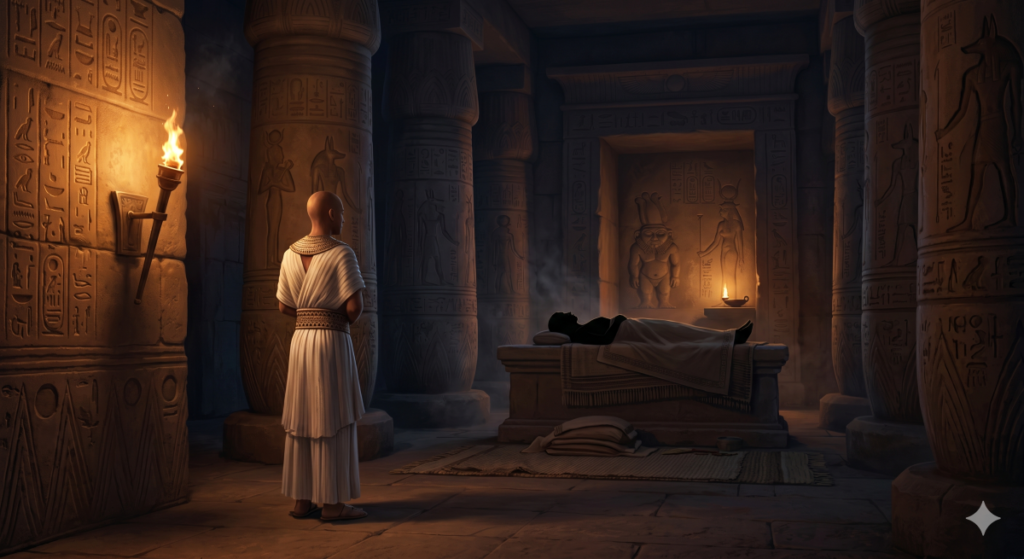 Ancient Egyptian sleep temple with stone pillars and torchlight, representing the early history of hypnosis and the myth of Hypnos.