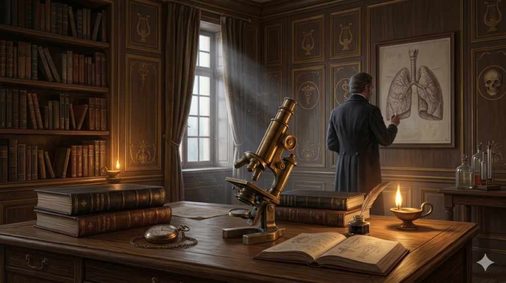 A 19th-century vintage medical study with a microscope and scholarly books, representing James Braid's discovery of hypnosis and the history of surgical anesthesia