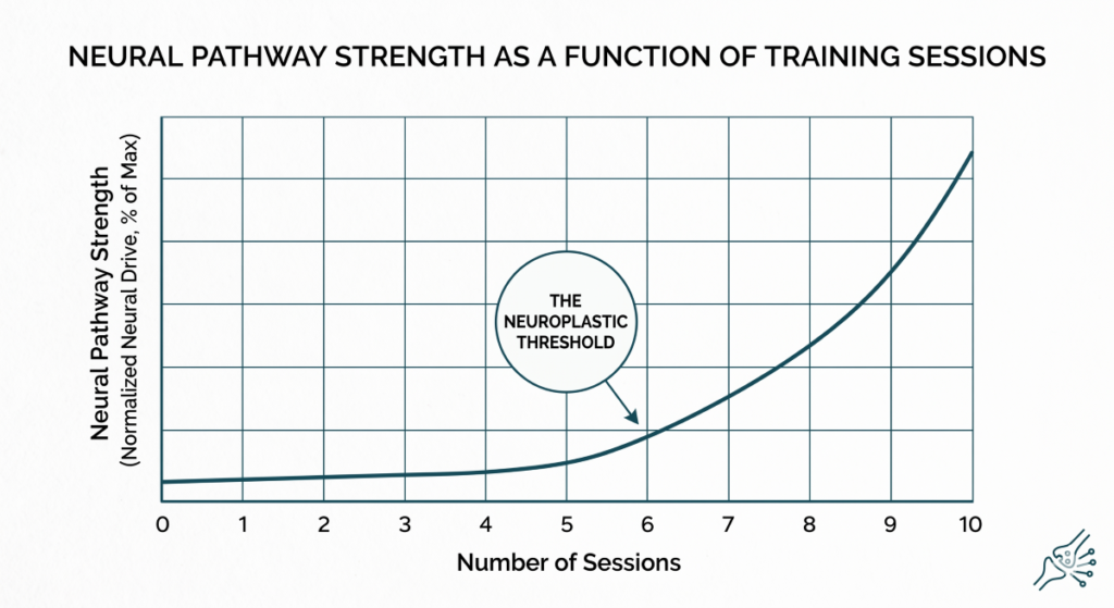 Line graph showing the Neuroplastic Threshold in clinical hypnosis, where neural pathway strength increases significantly after 6 consistent sessions, facilitating permanent behavioral change.