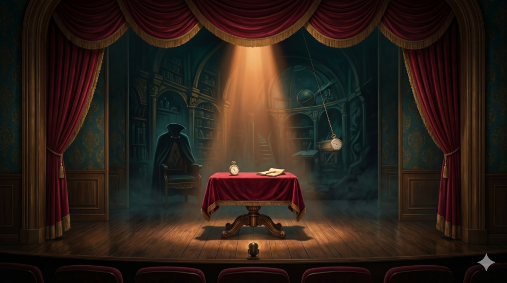 A vintage stage theater spotlight and pocket watch, representing the myths and dangers of theatrical hypnosis.